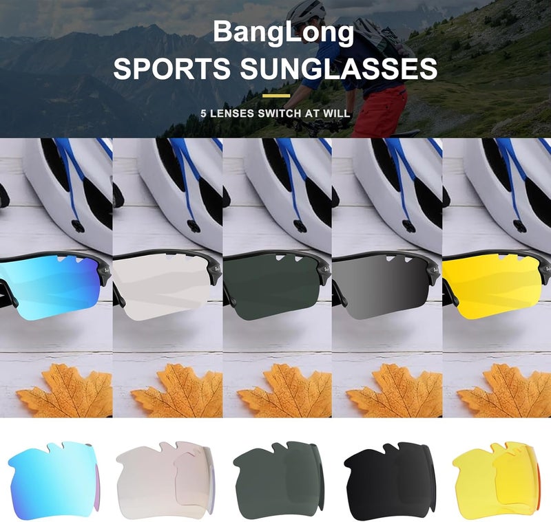 BangLong Polarized Sports Sunglasses Cycling Sun Glasses for Men Women with 5 Interchangeable Lenes for Running Baseball Golf - Image 2